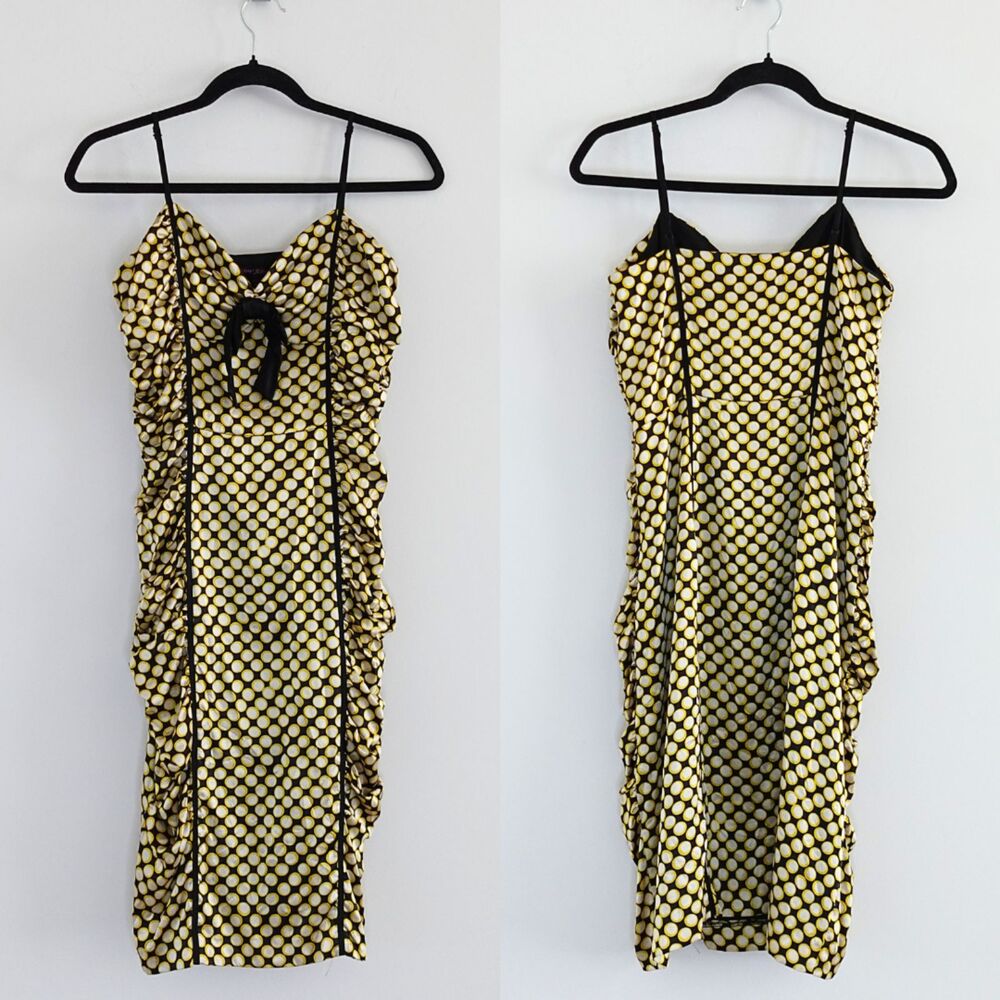 Betsey Johnson 100% Silk Black White & Yellow Polka Dot Mini Dress Size 6 - Picture 2 of 5